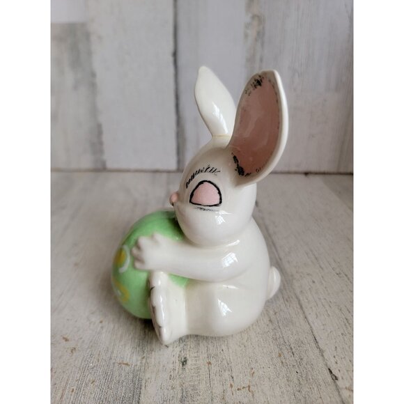 Vintage sitting rabbit egg holding bunny Easter spring decor figure - Picture 3 of 8